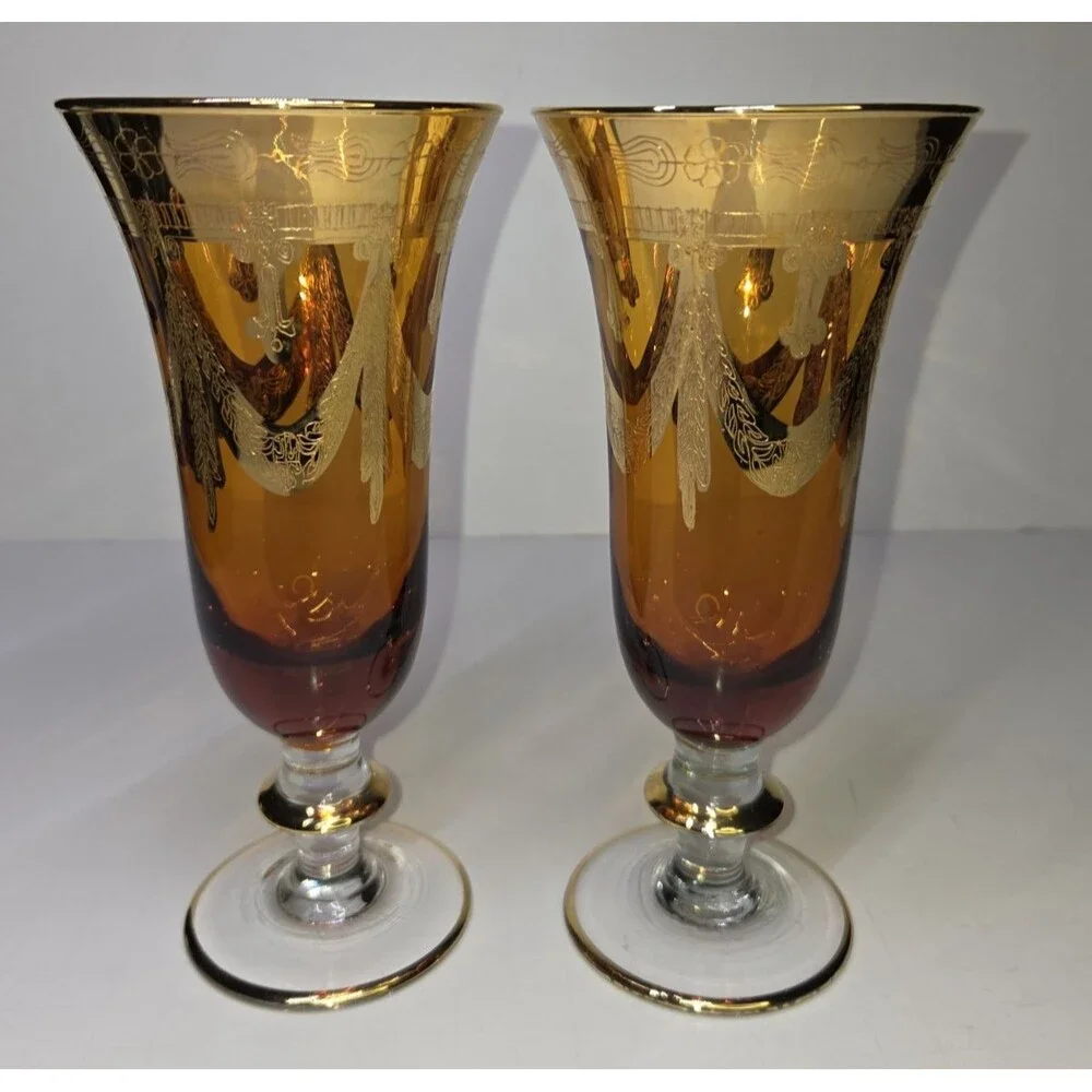 Pair Of Arte Italica Medici Amber Gold Champagne Flutes Goblets Glasses 7.5